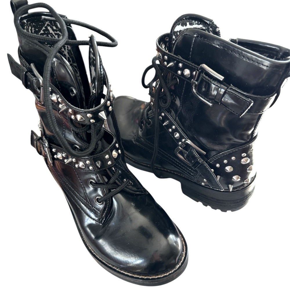 Call it Spring goth black leather style women’s boots with silver studs,size 6.5